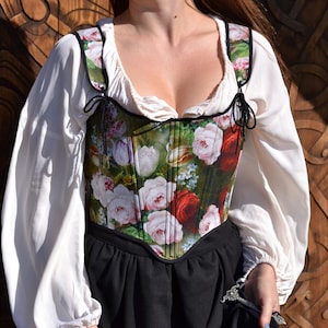Reversible Ren Faire Corset: Floral Cotton & Black Linen Bodice
