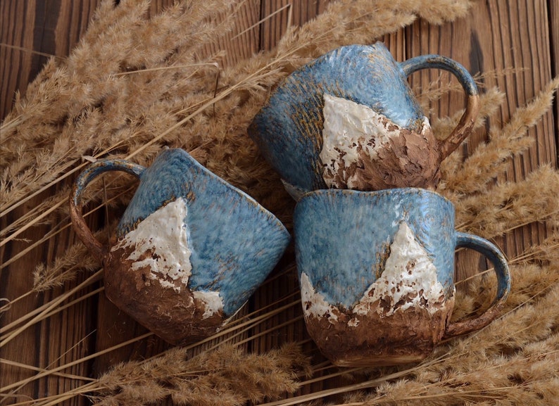 Large handmade mountain mug, stoneware mug, dad mug, ceramic travel mug, mountain art, inspirational mug, homemade mug, campfire mug image 1