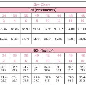 May include: Size chart for clothing in both inches and centimeters. The chart shows sizes for EU and US sizing, with measurements for bust and waist.