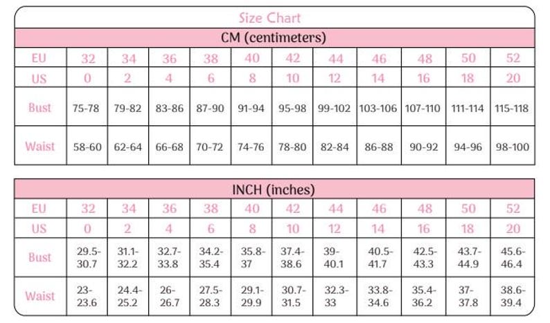 May include: Size chart for clothing in both inches and centimeters. The chart shows sizes for EU and US sizing, with measurements for bust and waist.