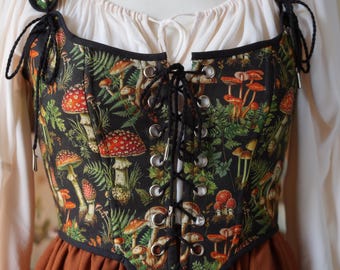 Cottagecore mushrooms corset top, cotton linen  bodice xs-4xl