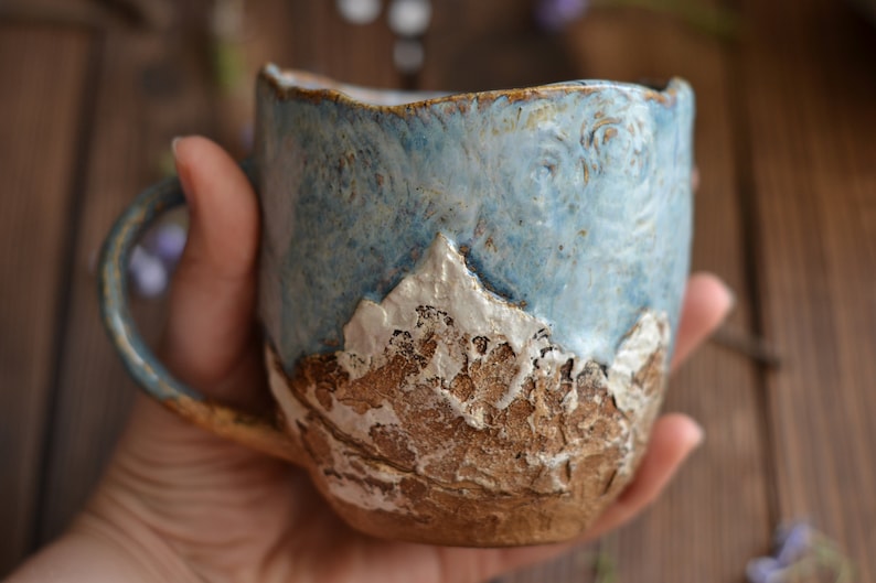 Large handmade mountain mug, stoneware mug, dad mug, ceramic travel mug, mountain art, inspirational mug, homemade mug, campfire mug image 3