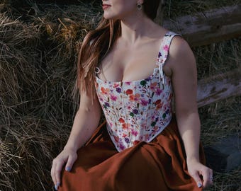 Upcycled Floral Corset, Size 6 US, Cotton Renaissance Faire Cottagecore Bodice