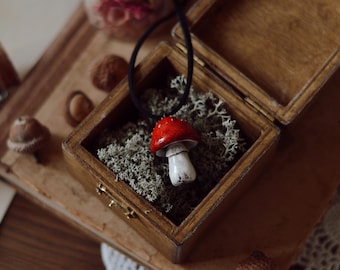 Mushroom necklace in small gift box , cottagecore mushroom  jewelry, handmade  amanita mushroom pendant, goblincore jewelry, witchy gifts