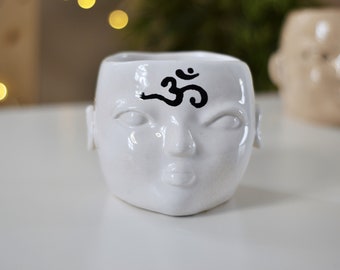 OM symbols, handmade spiritual holder, face planter pot, ceramic head planter, clay succulent pot, white unique planters, man face vases