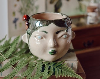 Forest fairy Mavka face vase, womans face planter, desk holder, indoor planter, succulents clay pot