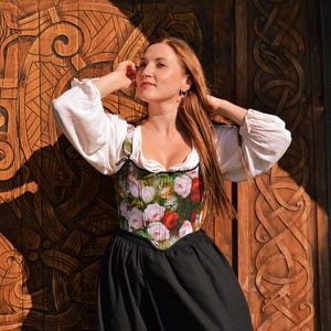 Reversible Floral Corset Top: Renaissance Faire Bodice, Black Linen