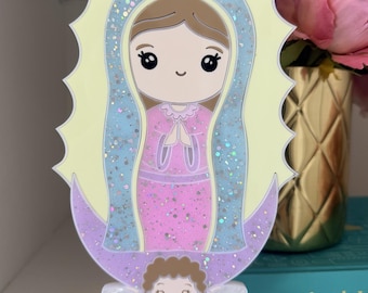 Virgin Mary Acrylic Decor | Cute Catholic Religious Gift | Glitter Our Lady Statue | Baptism & First Communion Gift | Nursery Faith Decor