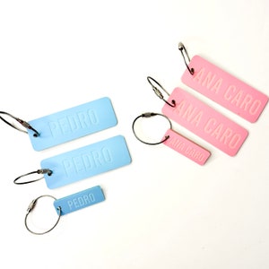 May include: A collection of luggage tags in various sizes and colors. The tags are rectangular with rounded corners and feature embossed names. Blue tags read "PEDRO," while pink tags read "ANA CARO." Each tag has a silver-colored wire loop for attachment.