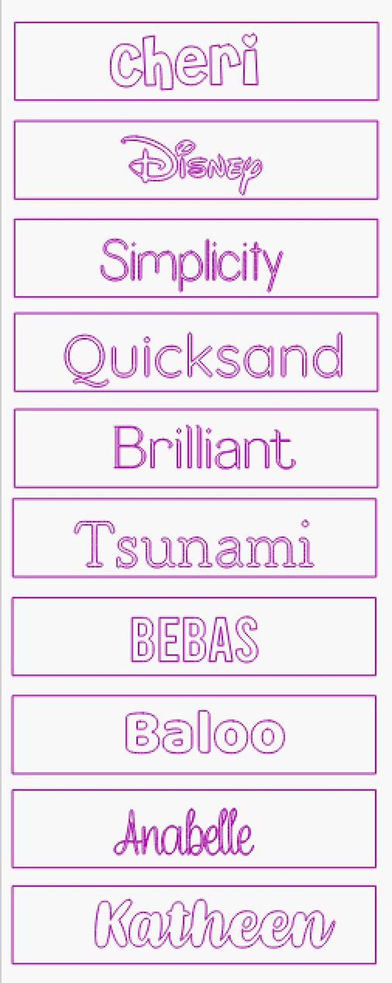 K&ouml;nnte beinhalten: Eine Sammlung von zehn Schriftarten, die in verschiedenen Stilen und Farben geschrieben sind. Die Namen sind: cheri, Disney, Simplicity, Quicksand, Brilliant, Tsunami, Bebas, Baloo, Anabelle und Katheen.