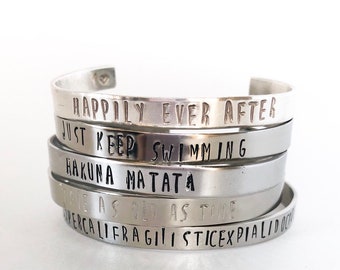 Custom cuff bracelet. Personal quote, phrase, coordinates, memories stamped metal bracelet. Disney Bracelet