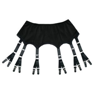 May include: Black garter belt with six adjustable straps and metal clasps. The belt has a scalloped lace trim along the top edge. The straps are made of a shiny black material.
