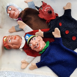 4 pz. Set di marionette da mano Principe, Diavolo, Poliziotto Nonna Plastica Vintage anni 60-70