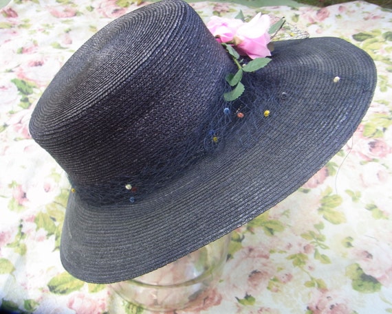 black straw hat with silk flower vintage 60s - image 1