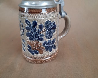 Beer mug with pewter lid, souvenir, ceramic beer mug vintage