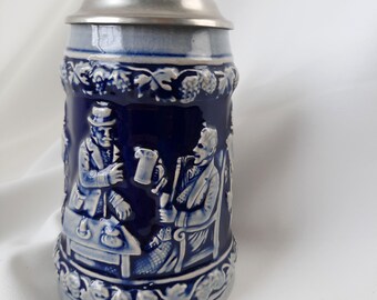 Beer mug with pewter lid Merz&Remi blue beer mug Vintage Westphalian stoneware