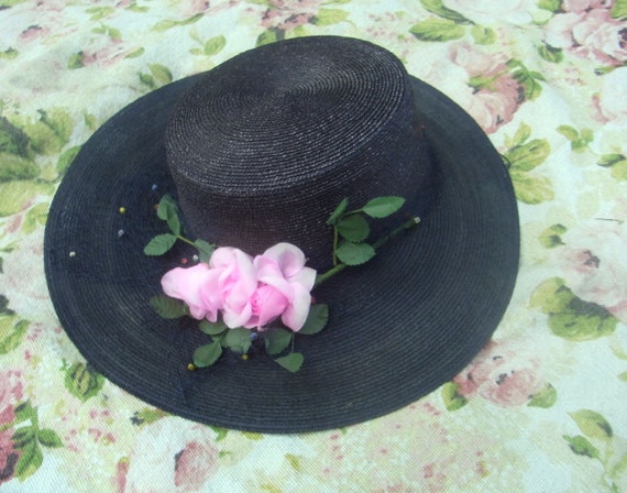 black straw hat with silk flower vintage 60s - image 2