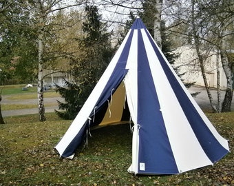 Tente de chevalier, tente monopolaire, tente ronde bleu / nature, tente médiévale, tente glamping, tente historique, tente larp, reconstitution, festival