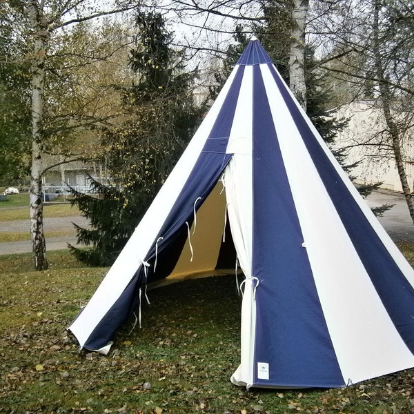 Tente de chevalier, tente monopolaire, tente ronde bleu / nature, tente médiévale, tente glamping, tente historique, tente larp, reconstitution, festival