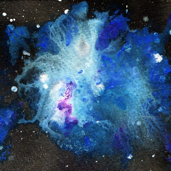 Blue Space Watercolor 5" x 7", original and hand-made, galaxy, nebula, astronomy, starry night sky, outer space art, stars, aurora, decor