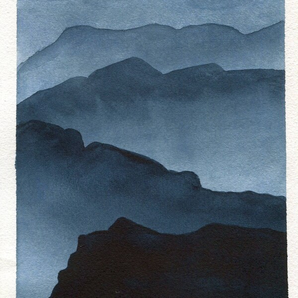 Gray Mountains, Original Watercolor Landscape Painting, 9 x 6 inch, foggy misty mountains, grey, semi-abstract