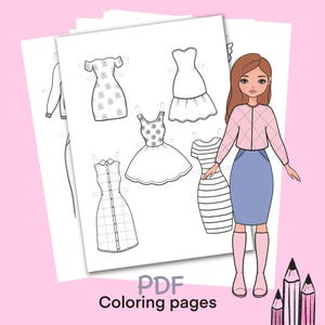 Papierpuppe mit Kleidung bedruckbar. Malvorlage, Buch. Gliederung. Digitaler Download. Dress up, Ausschnitt. Spielzeug, Spiel, Beschäftigung, spielen für Kinder.