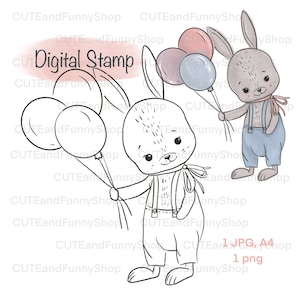 Sello digital para hacer tarjetas, scrapbooking. Sello digital lindo conejito, conejo con globos. Feliz cumpleaños, te amo. Página para colorear