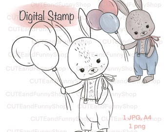 Digital stamp cute bunny with balloons for card making. Hand drawn line Art PNG. Whimsical printable Digi stamp Happy Birthday Coloring page