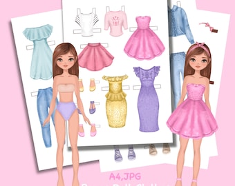 Paper doll printable with clothes. PDF. Digital download. Fashion girl.Cute baby doll DIY.  Dress up, cutout. Toy, game, play for children.