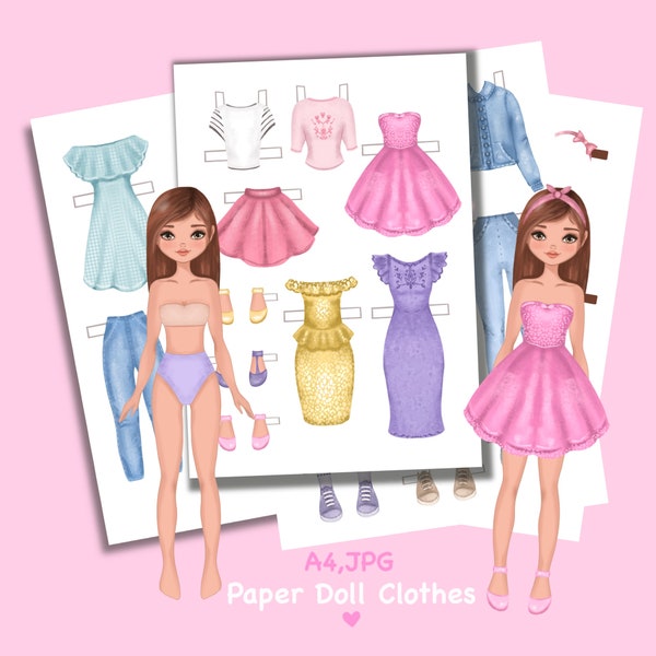 Paper doll printable with clothes. Digital download. Fashion girl.Cute baby doll DIY.  Dress up, cutout. Toy, game, play for children.