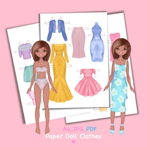 Boneca de papel para imprimir com roupas. PDF. Download digital. Menina fashion. Boneca fofa faça você mesmo. Vestir, recortar. Brinquedo, jogo, brincadeira para crianças.