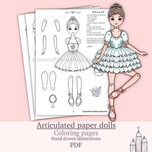 May include: A printable paper doll craft set featuring a ballerina doll with a layered tutu, floral headpiece, and ballet slippers. The set includes black and white line art pages for coloring, cut-out limbs, and instructions for assembly with mini beads.