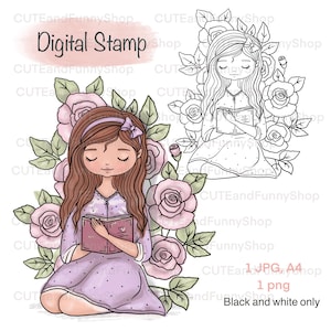 Carimbo digital para fazer cartões, scrapbooking. Carimbo digital de menina lendo livro no jardim perto de flores. Primavera. Feliz aniversário. Página para colorir