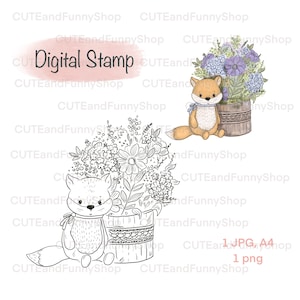 Sello digital para hacer tarjetas y scrapbooking. Sello digital con un lindo zorro y un ramo de flores. Feliz cumpleaños, San Valentín, te amo. Página para colorear