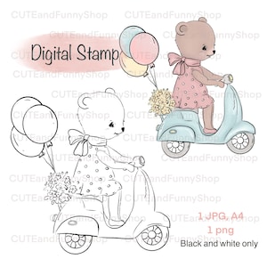 Sello digital para confección de tarjetas, scrapbooking. Sello digital lindo osito de peluche con globos. Feliz dia de LA MADRE. Feliz cumpleaños. Página para colorear