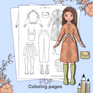 Papierpuppe mit Kleidung bedruckbar. Malvorlage, Buch. Gliederung. Digitaler Download. Dress up, Ausschnitt. Spielzeug, Spiel, Beschäftigung, spielen für Kinder.