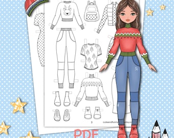 Boneca de papel para imprimir com roupas. Página para colorir, livro. Esboço. Download digital. Vestir, recortar. Brinquedo, jogo, atividade, brincadeira para crianças.