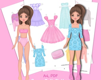 Paper doll printable  brown hair with clothes. PDF. Digital download. Fashion girl. Cute doll DIY.   Dress up, cutout. Toy, game
