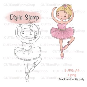 Sello digital para hacer tarjetas y scrapbooking. Sello digital bailarina, linda niña bailando. Flores. Feliz cumpleaños, me encanta el ballet. Página para colorear