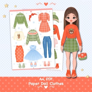 Boneca de papel para imprimir com roupas. PDF. Download digital. Garota fashion. Boneca fofa DIY. Vestir, recortar. Brinquedo, jogo, brincadeira para crianças.
