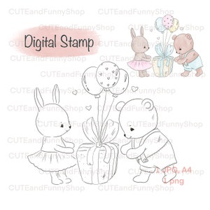 Sello digital para hacer tarjetas, scrapbooking. Sello digital osito de peluche, conejo con regalo, globos. Feliz cumpleaños, te quiero. Página para colorear