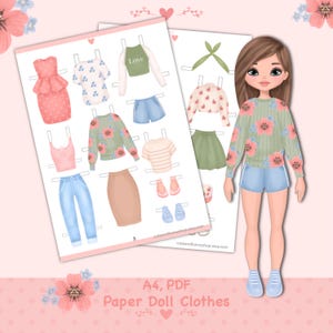 Poupée en papier à imprimer avec des vêtements. PDF. Téléchargement numérique. Fille fashion. Jolie poupée DIY.   Habillage, découpe. Jouet, jeu, jeu pour enfants.