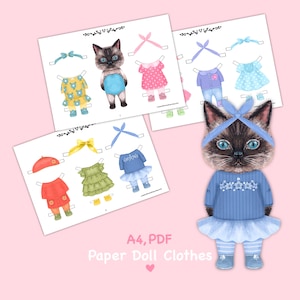 Paper doll printable with clothes. Digital download. Paper doll animal, cat. Dress up, cutout. Toy, game, play for children and adults. DIY