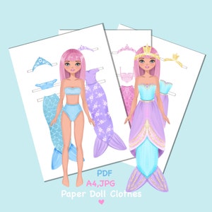 Boneca de papel para imprimir com roupas. Download digital. Boneca de papel sereia. Boneca fofa DIY. Vestir, recortar. Brinquedo, jogo, brincadeira para crianças