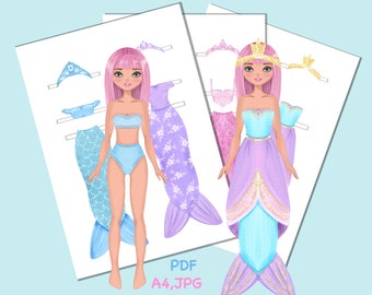Mermaid Paper Doll Printable with Clothes (Digital Download) Dress up, cutout.