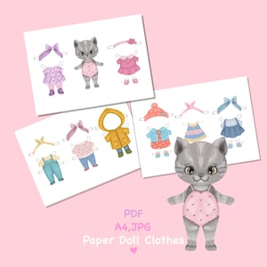 Poupée en papier à imprimer avec des vêtements. Téléchargement numérique. Chat en papier, animal. Mignonne poupée DIY.  Habillage, découpe. Jouet, jeu, jeu pour enfants.