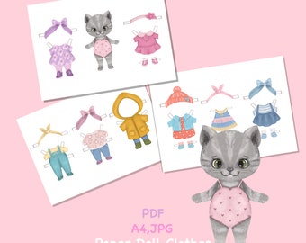Cat Paper Doll Printable, Clothes Dress-Up, DIY Toy (PDF, JPG). Dress up,  cutout.