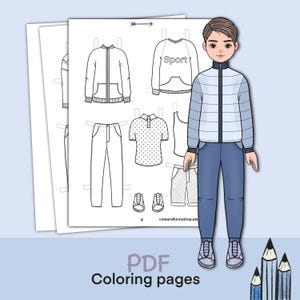 Paper doll printable with clothes. Coloring page, book. Outline. Digital download. Dress up, cutout. Toy, game, activity, play for children.