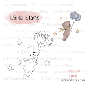 Digitaler Stempel für die Kartenherstellung, Scrapbooking. Digitalstempel Teddybär fliegend mit Luftballons. Herzlichen Glückwunsch zum Geburtstag, Liebes. Babyparty. Ausmalvorlage