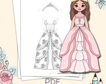 Paper doll printable with clothes. Coloring page, book. Outline. Digital download. Dress up, cutout. Princess. Activity, play for children.